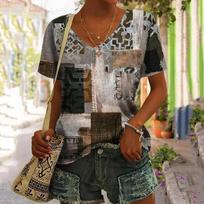 Senoviniai patchwork moteriški marškinėliai su languotu spausdinimu Moteriški drabužiai V formos iškirpte Harajuku megztinis Vasariniai dideli marškinėliai trumpomis rankovėmis 3XL gray