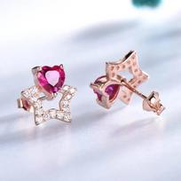 Red Heart Ziron Star Stud Earring Rose Gold Copper Women Earrings raudona