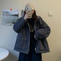 Moteriškas didelio dydžio parkas su gobtuvu, storas paltas, moteriška minkšta kawaii striukė, dvipusis viršutinis drabužis, rudens-žiemos šiltas ilgomis rankovėmis, bomberis L chaki
