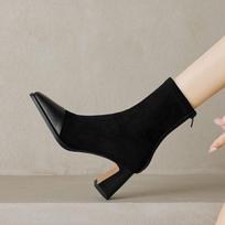 Krazing Pot Cow Skin Autumn Winter Shoes Square Toe Mixed Color Thick High Heels Zipper Chelsea Boots Women Stretch Ankle Boots 34 juoda
