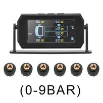 Saulės ir USB įkrovimo TPMS Auto Truck belaidė skaitmeninė LCD signalizacija padangų slėgio stebėjimo sistema su 6 išoriniais jutikliais 0-9bar juoda