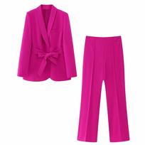 Red Pink White Black Green Office Lady White Blazer Suits Women Long Sleeve V Neck Sashes Blazer High Waist Wide Leg Long Pants Fashion XXS rožinė raudona spalva