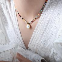 Dopamine Colorful Disc Magic Mirror Pendant Necklace Natural Stone Abacus Bead Zircon Queen Mother Versatile Jewelry beige