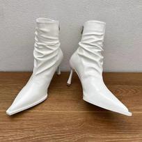Moteriški laisvi platūs pusblauzdžiai batai su katės kulniuku, įsispiriami, smailūs pirštai, stiletto kulniuku, elegantiški ankle boots batai, rudens žiemos ankle boots batai, batai su užtrauktuku moterims 35 white