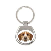 Basetas Fauve de Bretagne, Bėrų Bretanės Basetas - geometrinis raktų pakabukas su nuotrauka ir užrašu Art-Dog balta