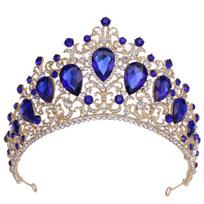 Barokinės Auksinės Spalvingų Kristalų Tiaros Karūnos Didelė Kalnų Krištolo Diadema Šydas Tiara Nuotakos Galvos Juostelės Vestuvių Plaukų Aksesuarai blue