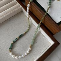 Natural Green Dongling Necklace Xiuyu Stone New Chinese Style Temperament Versatile Niche Collarbone Chain Freshwater Pearl Neck Chain gray