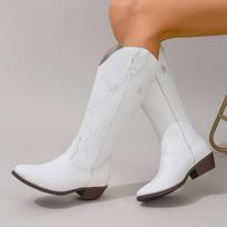 Moteriški kaubojiški batai, neslystantys iki blauzdos vidurio Cowgirl batai siuvinėtu vakariniu smailiu pirštu, stambus blokinis kulnas, platus, traukiamas ant kelių Moteriški batai 36 balta