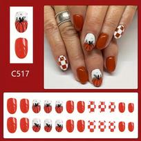 24pcs Halloween Pumpkin & Plaid Press-On Nails Set - Glossy Short Oval, Full Coverage Fake Nails in Vibrant Orange & White for Women and Girls brown