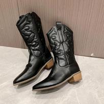 Women's Western Boots Cowboy Cowgirls Pointed Toe Knee High Pull On Shoes Chunky Heel Fashion Silver Bling Embroidered Boots 36 gray