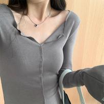 Hot Girl's Tight-fitting Fungus V-neck Long-sleeved T-shirt for Women In Autumn New Slimming Bottoming Shirt Soft and Waxy Inner Top XL beige