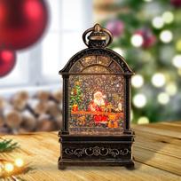 Kalėdinis žibintas su muzika, sniego gaublys, dovana, apšviestas Santa Claus