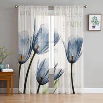 Mėlyna tulpė smėlio spalvos tiulio užuolaida Namų biuro lango dekoras Miegamasis Virtuvė Balkonas Šiuolaikinė permatoma užuolaida 135W x 114H(cm) white