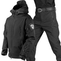 Ryklio odos šiltas striukės kostiumas vyriškas rudens ir žiemos vandeniui atsparus pastorintas Soft Shell kostiumas plius Velvet Cargo Pants 2 dalių rinkinys XXXXL juoda
