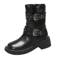 Round Toe Mid-calf Botas Women's Retro Style Belt Buckle Decor Short Boots  Autumn Winter Punk Motorcycle Boots 35