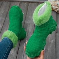 Moteriški platforminiai sniego batai su kailiu ir zomša, trumpi pliušiniai batai, žiemos naujiena, dizainerio šilti Chelsea batai, plokščiapadžiai, laisvalaikio batai Botas 37 green