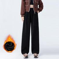 Women's Casual Fleece-lined Straight-leg Pants Autumn Winter Thicken Baggy Corduroy  Trousers High Waist Elastic Sweatpants XL tamsiai pilka spalva