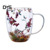 Džiovintų gėlių dvigubų sienelių skaidraus stiklo kavos puodelis 250/350 ml izoliuotas stiklinis puodelis karštiems šaltiems gėrimams Cappuccino Latte Espresso puodelis Unikali dovana 250ml