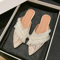 Fashion 2024 Summer New Designer Slippers for Women Peplum Pointy Half-pack with Low Chunky Heels Lace Mules Shoes Slipper Ladies 35