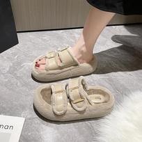 Fashion Korean Belt Buckle Designer Fur Slippers for Women Fashion Casual Autumn Winter Cotton Slippers Shoes Ladies 35 abrikosas