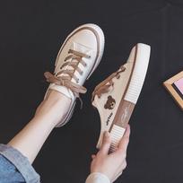 Bear Head Half-Drag Heel-Less Canvas Shoes, Women'S One-Pedal Lazy Shoes, Board Shoes 35