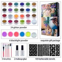 30 Colors Diamond Glitter Art Charm Luminous Tattoo Set Glitter Powder Sticker Makeup Brush Temporary Tattoo Set For Women Kids gray