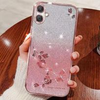 Phone Case For Samsung Galaxy A06, A05, A04, A04e, F04, M04 Flash Pink Flower Transparent Shock Protection Luxury Diamond Shining Protective Cover Samsung Galaxy A06 rožinė
