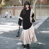 Black Fungus-edged Sweatshirt Dress for Women, Spring and Autumn Korean Style Loose Design Niche Round Neck Dress XL juoda