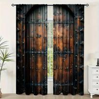 2-Piece Semi-Blackout Curtain Wooden Door Print Rod Pocket Drapes Machine Washable for Bedroom Living Room Home Decor Windows 100W130H(CM)40x51in&rod pocket