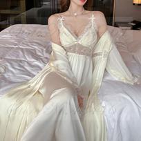 Spring Summer Kimono Bathrobe Gown Female Long 2PCS Robe Set Sleepwear Sexy Lace Nightgown Intimate Lingerie Satin Home Dress M