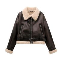 Women's Autumn and Winter Street Style Fur One-piece Double-sided Short Fleece Jacket with Belt Zipper Pocket S ruda