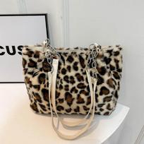 Leopard Pattern Travel Warm Plush Shoulder Bag Women Large Capacity Chain Decor Tote Bag Vintage Soft Faux Fur Top Handle Handbag ARI 30x12.5x24.5cm balta