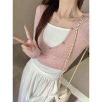 Blue fake two-piece low-neck collarbone-exposed long-sleeved T-shirt for women, pure desire, slim fit, right shoulder, contrasting color splicing top S