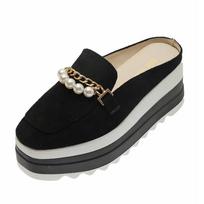 Grandinė Moteriškos Šlepetės Madingi Moteriški batai 7cm Suede suede platforma Patogūs Loafers Baotou Outdoor Kasdieniai Mules Šlepetės 35 juoda