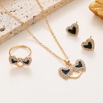 Temu Oil-Drop Heart Jewelry Set: Diamond-Studded Smiley Necklace with Trendy Peach Heart Ring & Earrings for Women 3-piece set juoda