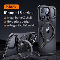 Prabangus MagSafe Magnetinis metalinis Z formos stovas telefono dėklas, skirtas iPhone 16 15 14 13 Pro Max Nuimamas užsegamas be apvado smūgiams atsparus dangtelis For iPhone 16 Pro Max juoda