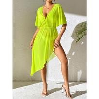 Moteriška netaisyklinga bikini suknelė, permatoma tinklinė, šikšnosparnio rankovės, juosmens suknelė One Size žalia