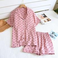 Women's Summer Lapel Thin Sweat-absorbent Breathable Button Down Short-sleeved Top + Short Home Two-piece Set XL