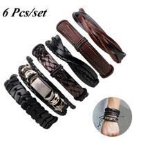 6 vnt / rinkinys Vintage vyriška apyrankė Daugiasluoksnė odinė virvė, vaškinė virvė, pinta apyrankė 6PCS