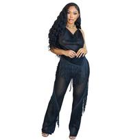 Ladies Neck Tie Sleeveless Backless Top with Slim Loose Trousers Sexy Tassel Two Piece Set S juoda