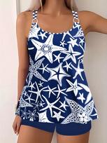 Moterims Dvi dalys Spausdintas Tankini Seksualus Bikini Maudymosi suknelės Rinkinys Maudymosi kostiumas Maudymosi drabužiai Maudymosi kostiumas Didelio dydžio Paplūdimio drabužiai 1XL mėlyna