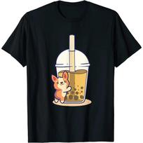 Pieno arbata Korgių mylėtojas Burbulinė arbata Bobas Kawaii Korgis Marškinėliai Anime drabužiai Marškiniai Medvilniniai Kasdieniniai Keturi metų laikai Mielas gyvūnas S juoda
