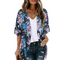 Women Chiffon Shirt V-Neck Half-Sleeve Digital 3D Print Breathable Sunscreen Cardigan S tamsiai mėlyna spalva
