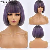 Trumpas Bob perukas su kirpčiukais Sintetiniai perukai moterims tiesūs ombre rožiniai raudoni rožiniai 12 colių karščiui atsparūs Lolita Cosplay vakarėlio plaukai TB110-7 beige