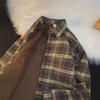 Hong Kong Retro Plaid Unisex Long-Sleeve Shirt with Plus Velvet, Autumn/Winter Loose Fit Style. L