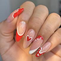 Valentines Day Long Almond Press On Nails Full Cover Heart Design False Nails Glossy Artificial Nails Manicure 24Pcs