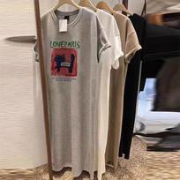 Pure Cotton Light Gray Short-sleeved Over-the-knee T-shirt Skirt Women's Summer Loose Large-size Front Shoulder Top Medium and Long Casual Dress M