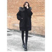 Cotton Jacket New Winter Medium and Long Korean Version Loose Thickened Large Fur Collar Cocoon Bat Sleeve Jacket S juoda