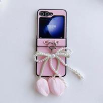 Pearl Bowknot PU Leather Flower Wrist Strap Phone Case for Samsung Galaxy Z Flip 6 5 4 3 5G Hinge Protection Shockproof Cover For Samsung Galaxy Z Flip4