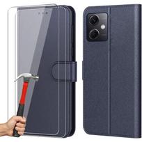 Coque - E.F.CONNECTION - pour Redmi Note 12 5G - Effet Cuir Bleu Marine - Portefeuille - Verres Trempés